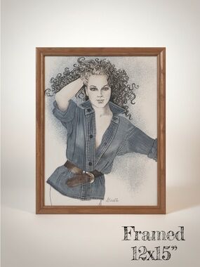 Solid Wood Frame – Art: Curly Hair Woman in Denim Shirt, Signed “Giselle”